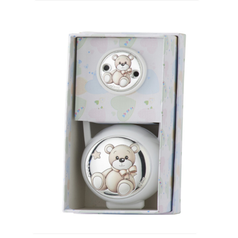 SET PINZA + PORTA CHUPETAS OSO LAZO BLANCO