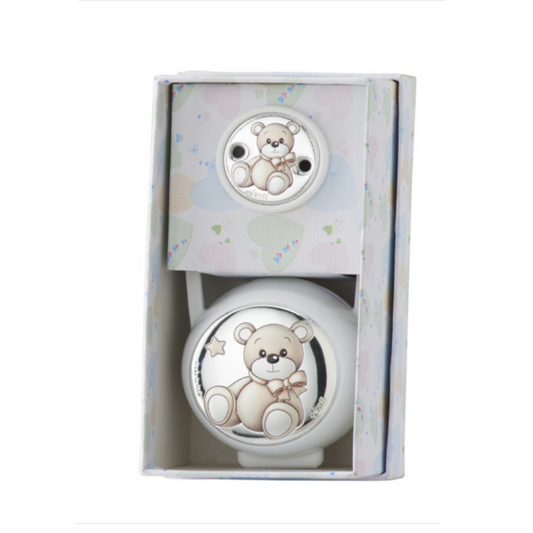 SET PINZA + PORTA CHUPETAS OSO LAZO BLANCO