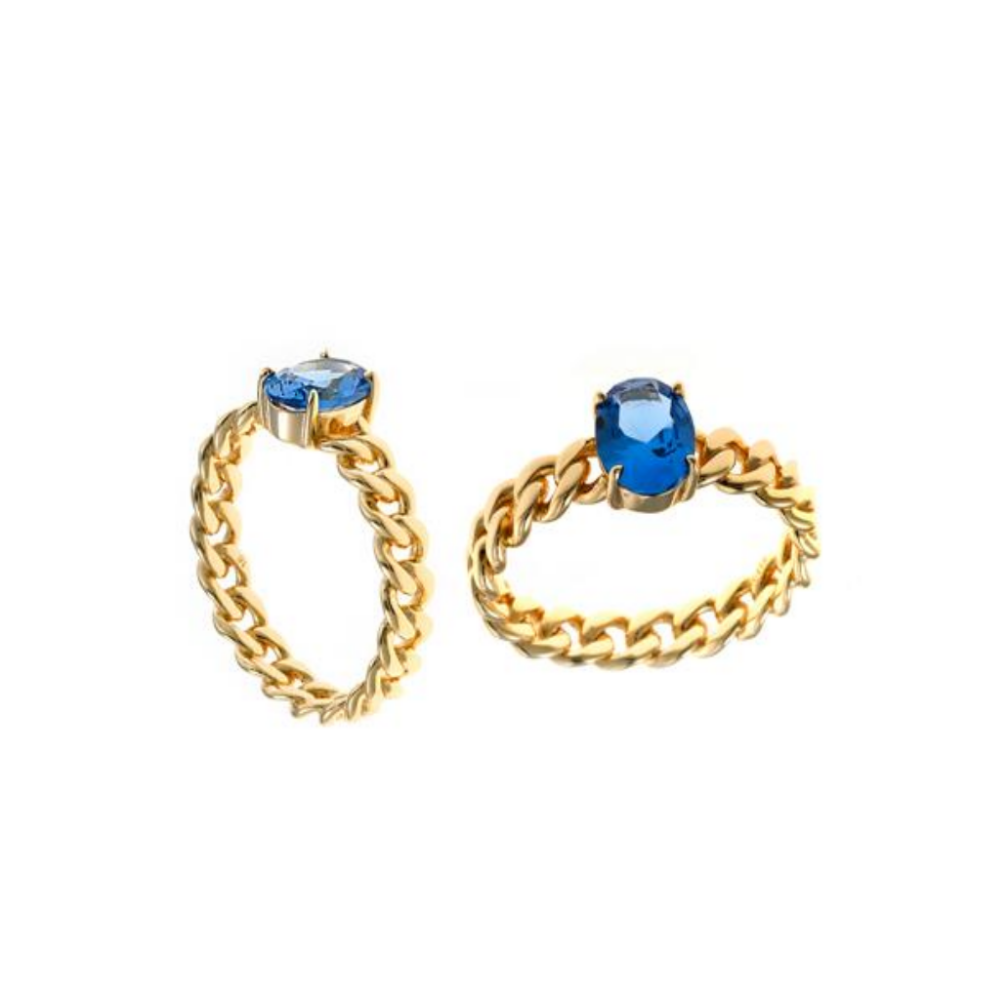 ANEL SALVATORE EM PRATA 925% DOURADA COM PEDRA AZUL T12