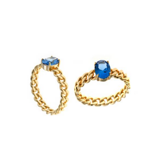 ANEL SALVATORE EM PRATA 925% DOURADA COM PEDRA AZUL T12