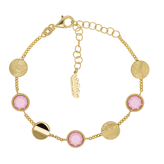 PULSEIRA EUGÉNIO CAMPOS EM PRATA 925% DOURADA COM PEDRA ROSA