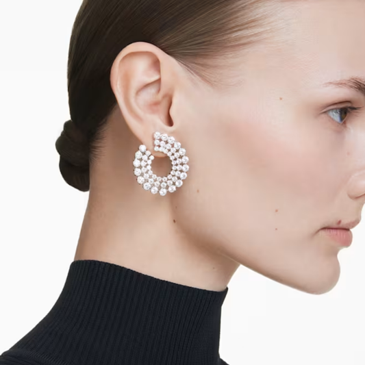 Brincos Swarovski argola Matrix, Lapidações redondas mistas, Brancos, Lacado a ródio