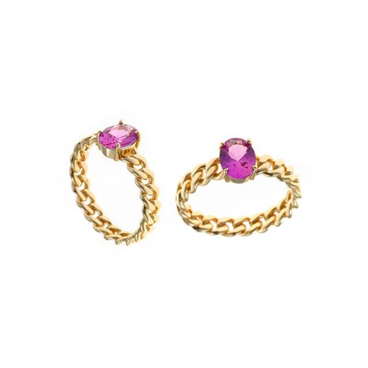 ANEL SALVATORE EM PRATA 925% DOURADA COM PEDRA ROSA T16
