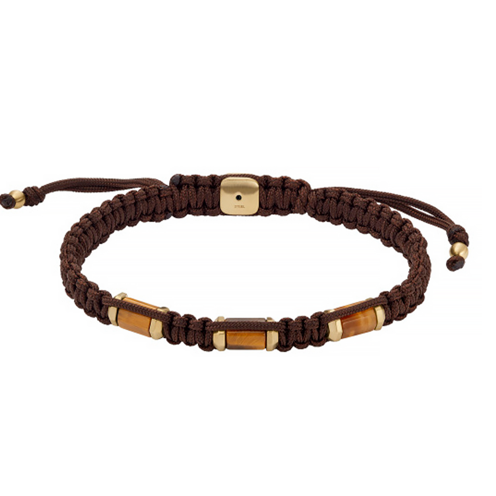PULSEIRA FOSSIL AÇO C/ FIO SEDA CASTANHO E PEDRA OLHO TIGRE