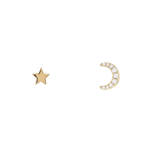 TORNILHOS UNIKE MIX & MATCH MOON STAR GOLD EM PRATA 925% COM ZIRCÓNIAS