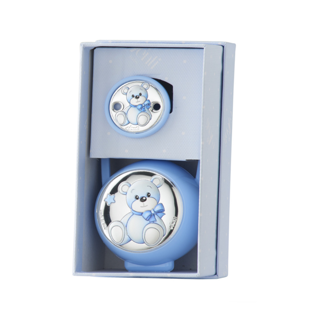 SET PINZA + PORTA CHUPETAS OSO LAZO CELESTE