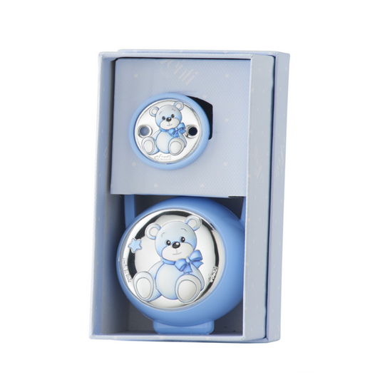 SET PINZA + PORTA CHUPETAS OSO LAZO CELESTE