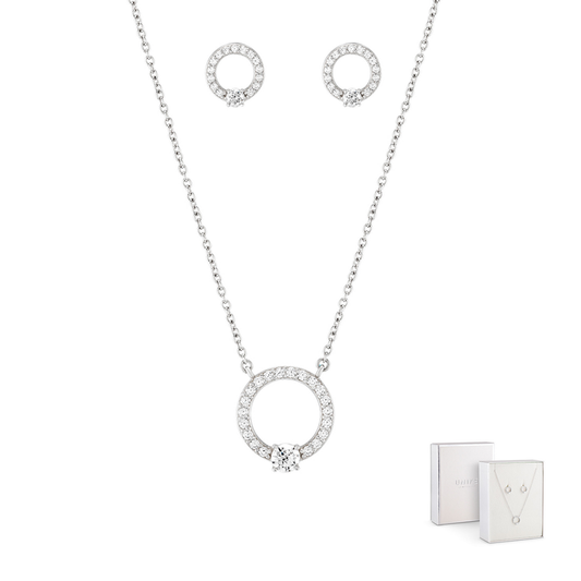 CONJUNTO UNIKE CLASSY & CHIC CIRCLE EM PRATA 925% COM ZIRCÓNIAS "UK.PK.1206.0006"