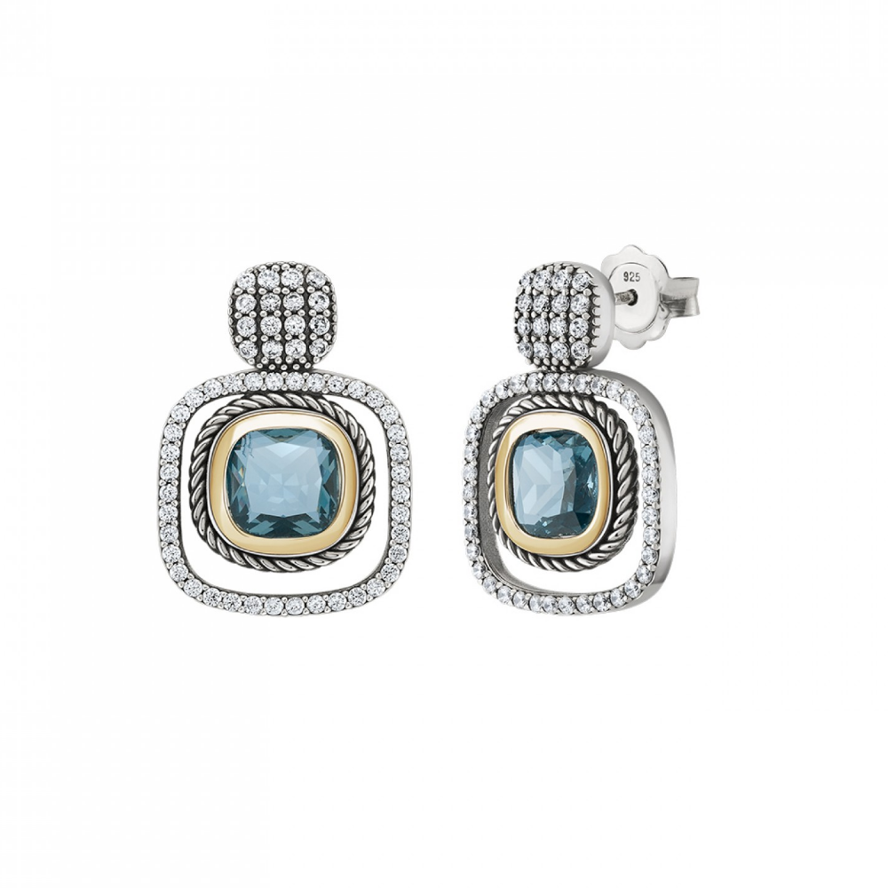 BRINCOS TASHI LONDON BLUE PRATA 925% 7,6GR OURO 375% 0,4GR C/ ZIRCONIAS