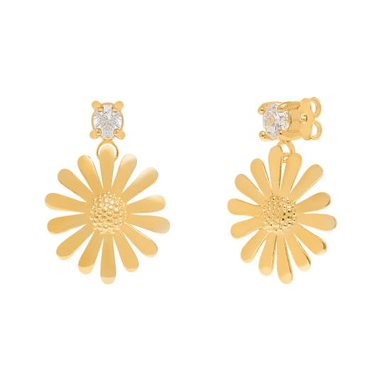 BRINCOS EUGÉNIO CAMPOS EM PRATA 925% DOURADA FLOR COM ZIRCÓNIA