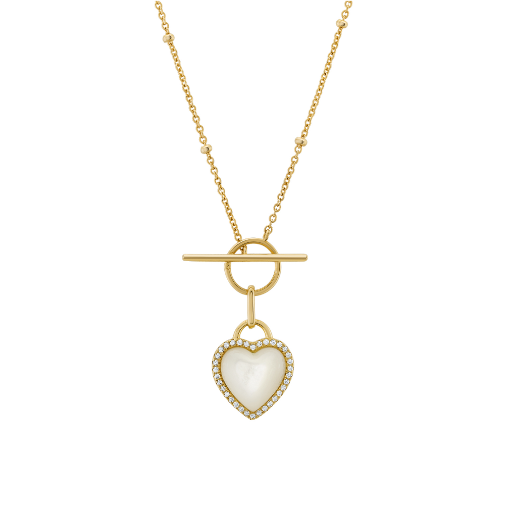 COLAR UNIKE HEART MOTHER OF PEARL GOLD PRATA 925% C/ ZIRCONIAS E MADREPEROLA
