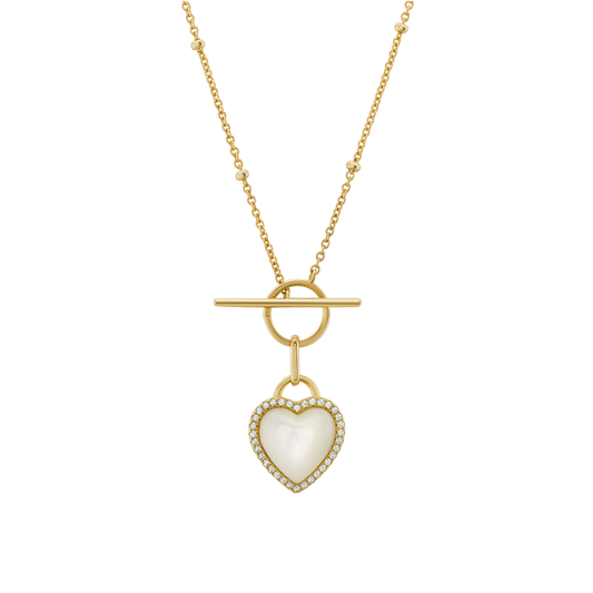 COLAR UNIKE HEART MOTHER OF PEARL GOLD PRATA 925% C/ ZIRCONIAS E MADREPEROLA