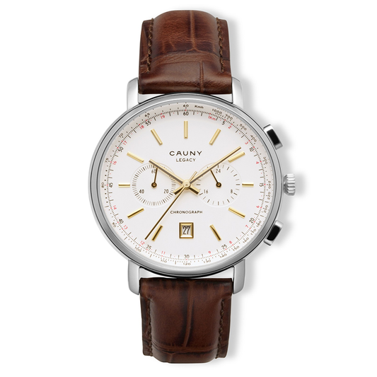 RELÓGIO CAUNY, LEGACY, 41, BRACELETE PELE MOSTRADOR BRANCO & DOURADO "CLG015"