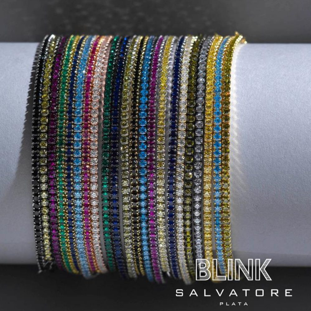 PULSEIRA SALVATORE RIVIERA EM PRATA 925% DOURADA C/ ZIRCONIAS PRETAS