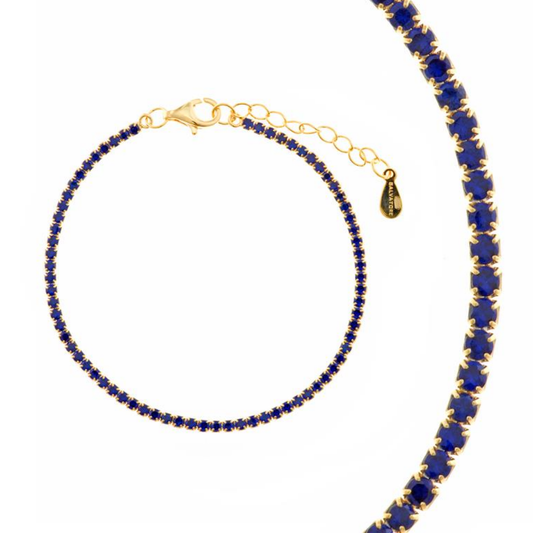 PULSEIRA  SALVATORE RIVIERA EM PRATA 925% DOURADA C/ ZIRCONIAS AZUIS