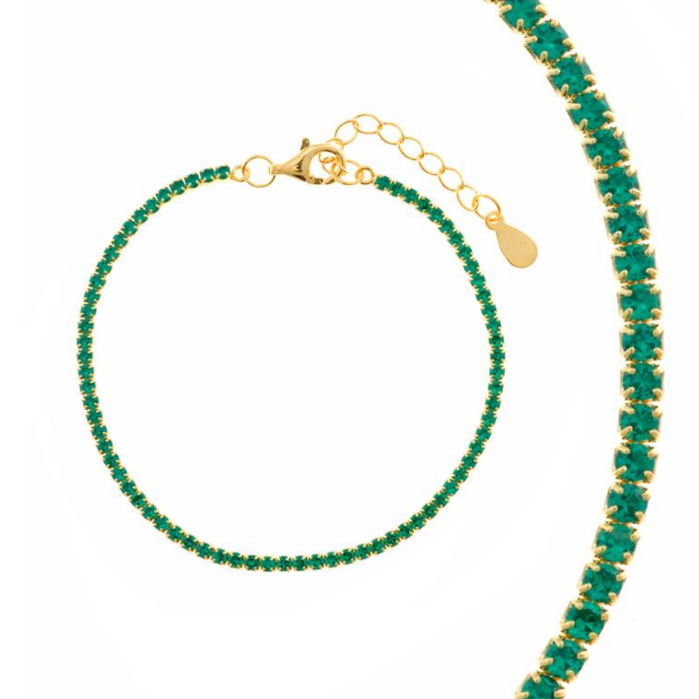 PULSEIRA SALVATORE RIVIERA EM PRATA 925% DOURADA C/ ZIRCONIAS VERDES