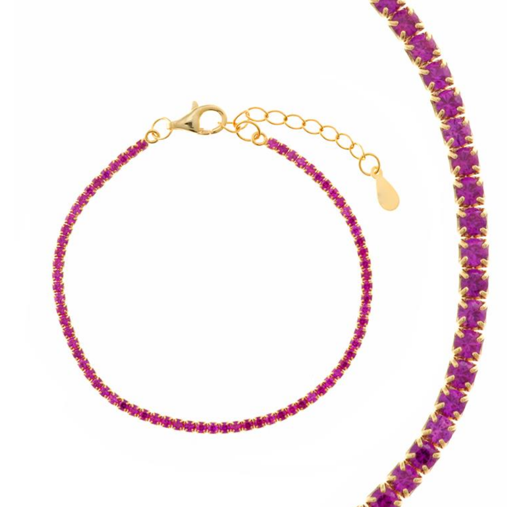 PULSEIRA SALVATORE RIVIERA EM PRATA 925% DOURADA C/ ZIRCONIAS VERMELHO RUBI