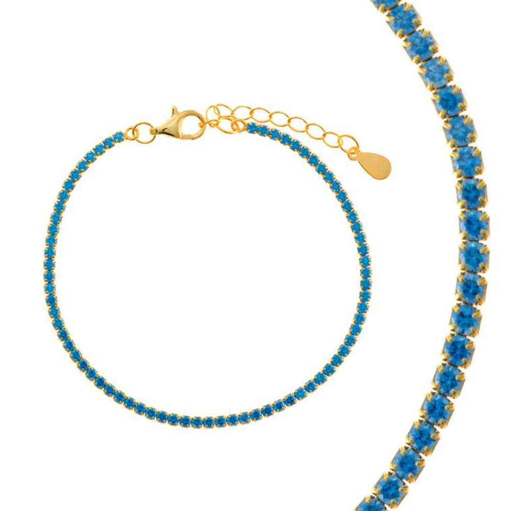 PULSEIRA SALVATORE RIVIERA EM PRATA 925% DOURADA C/ ZIRCONIAS AZUL AGUAMARINHA