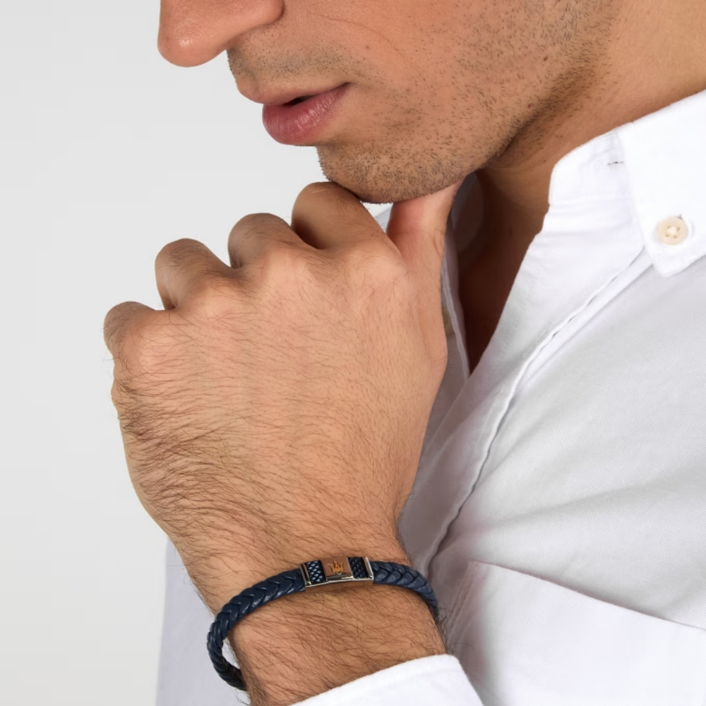 PULSEIRA MASERATI EM AÇO E PELE AZUL "JM4249IK03"