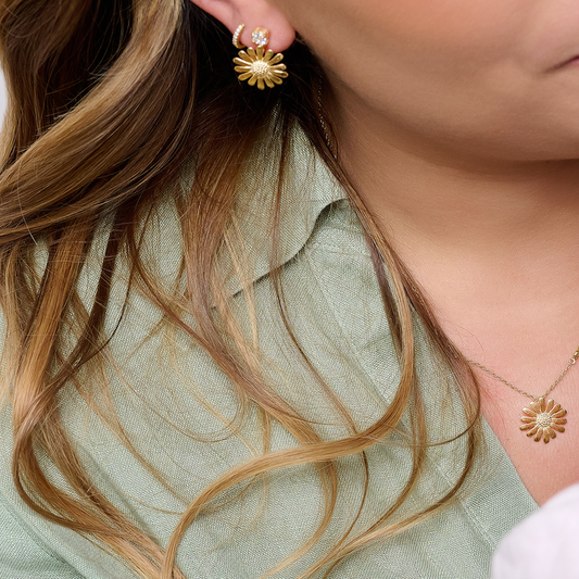 BRINCOS EUGÉNIO CAMPOS EM PRATA 925% DOURADA FLOR COM ZIRCÓNIA