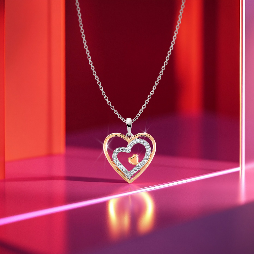 COLAR UNIKE EM PRATA 925% LOVE IN ROSE THREE HEARTS COM ZIRCÓNIAS
