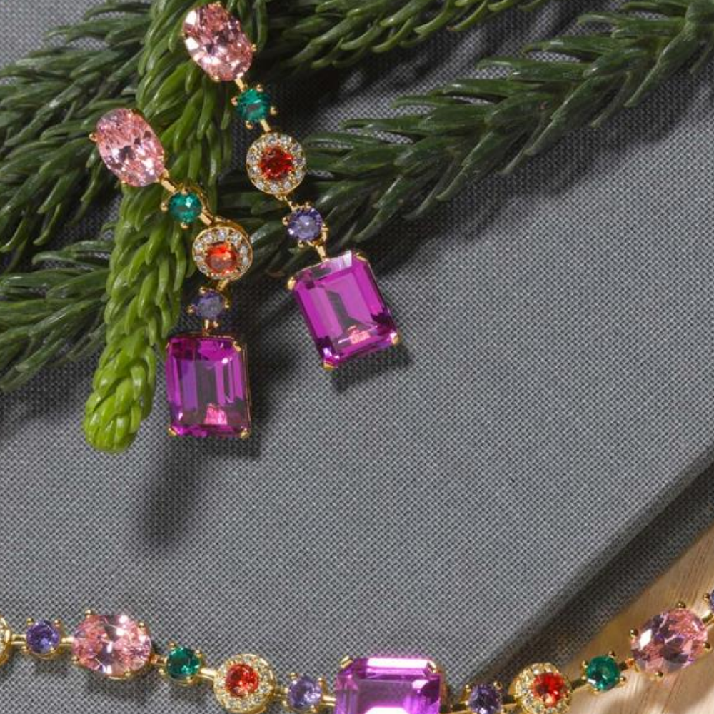 BRINCOS SALVATORE EM PRATA 925 DOURADA COM CITRINOS MULTICOLOR
