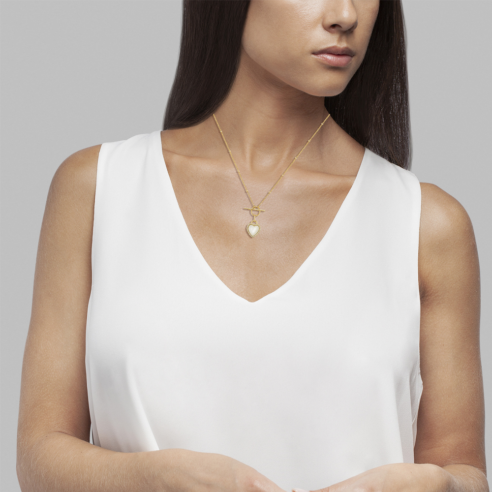 COLAR UNIKE HEART MOTHER OF PEARL GOLD PRATA 925% C/ ZIRCONIAS E MADREPEROLA