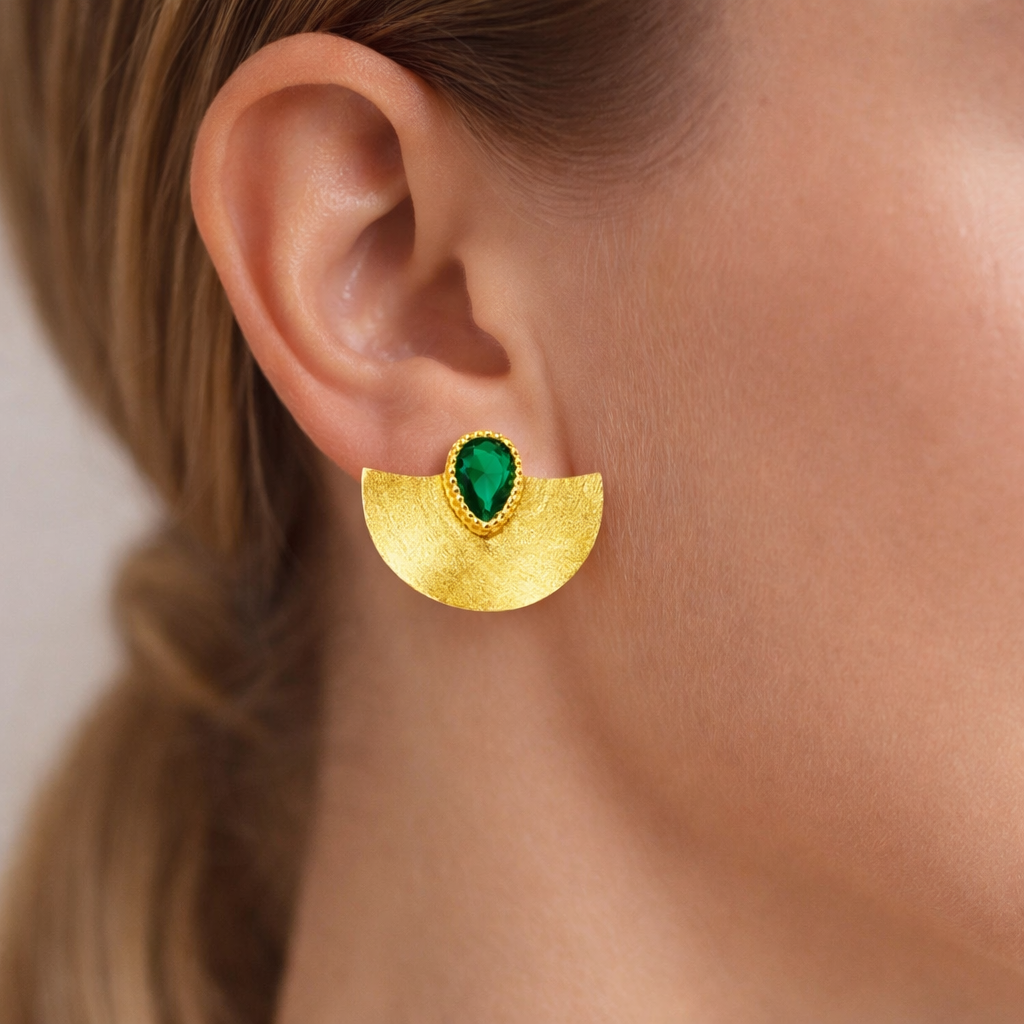 BRINCOS EM PRATA 925% DOURADO COM ZIRCONIA VERDE