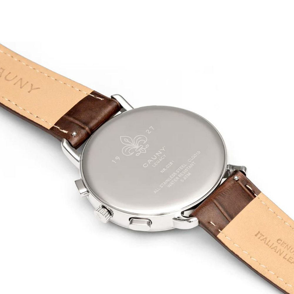RELÓGIO CAUNY, LEGACY, 41, BRACELETE PELE MOSTRADOR BRANCO & DOURADO "CLG015"