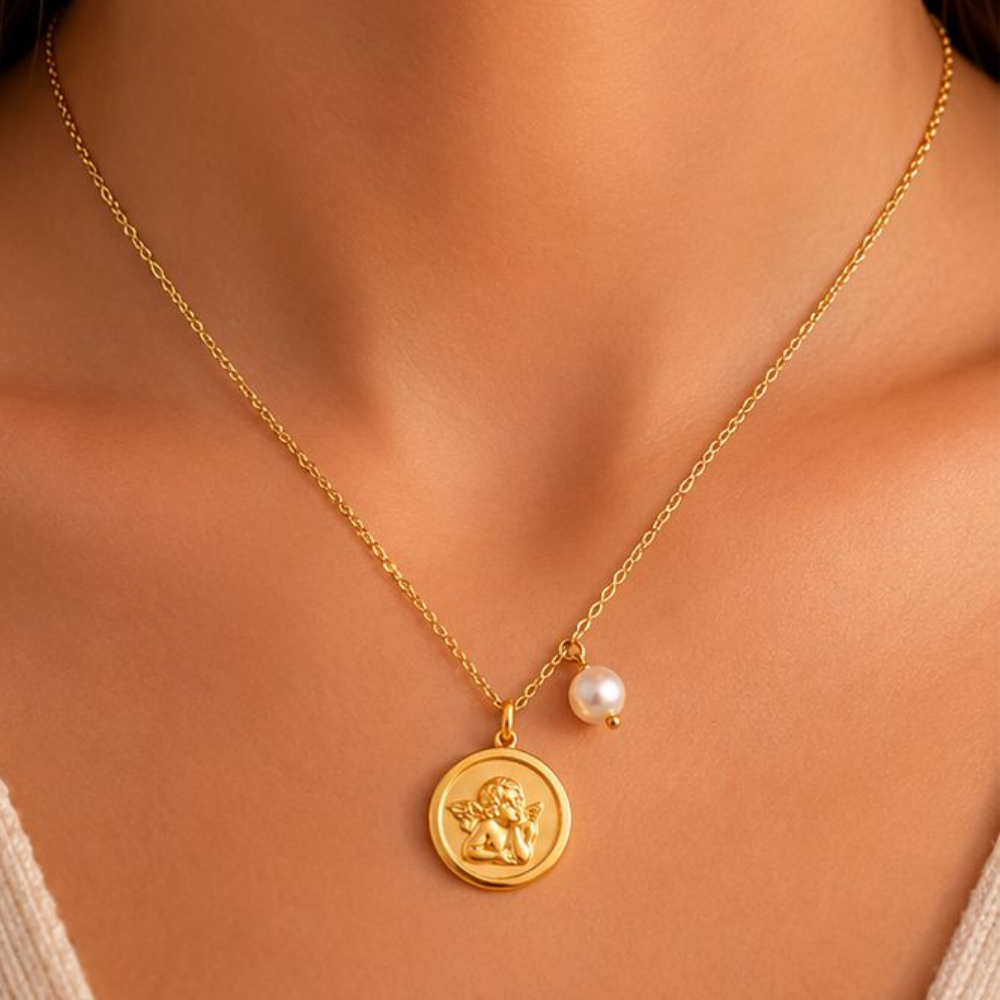 COLAR EM PRATA 925 COM ANJO E PEROLA