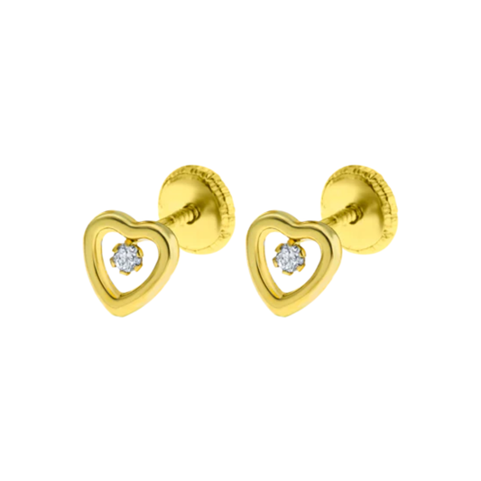 BRINCOS EM OURO 9K 375% CORAÇÃO COM ZIRCONIAS