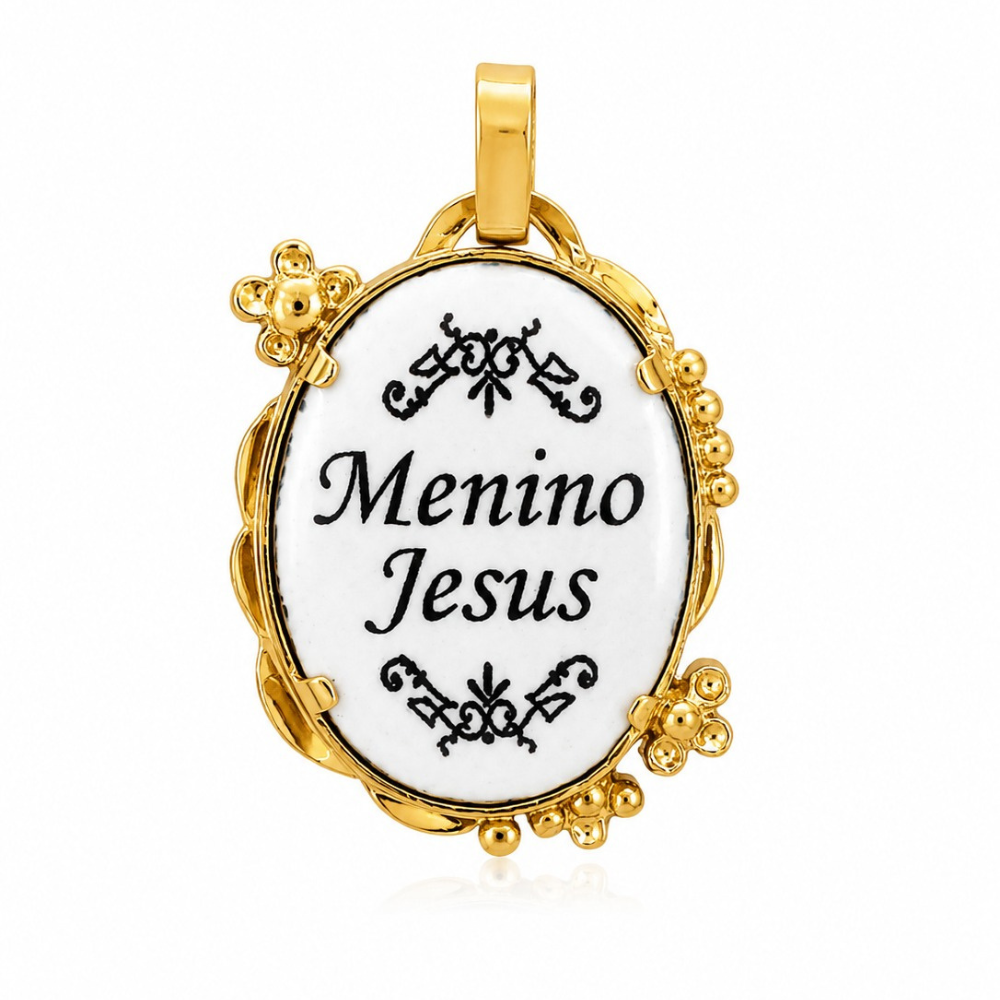 MEDALHA EM PRATA 925 DOURADA COM ESMALTE MENINO JESUS