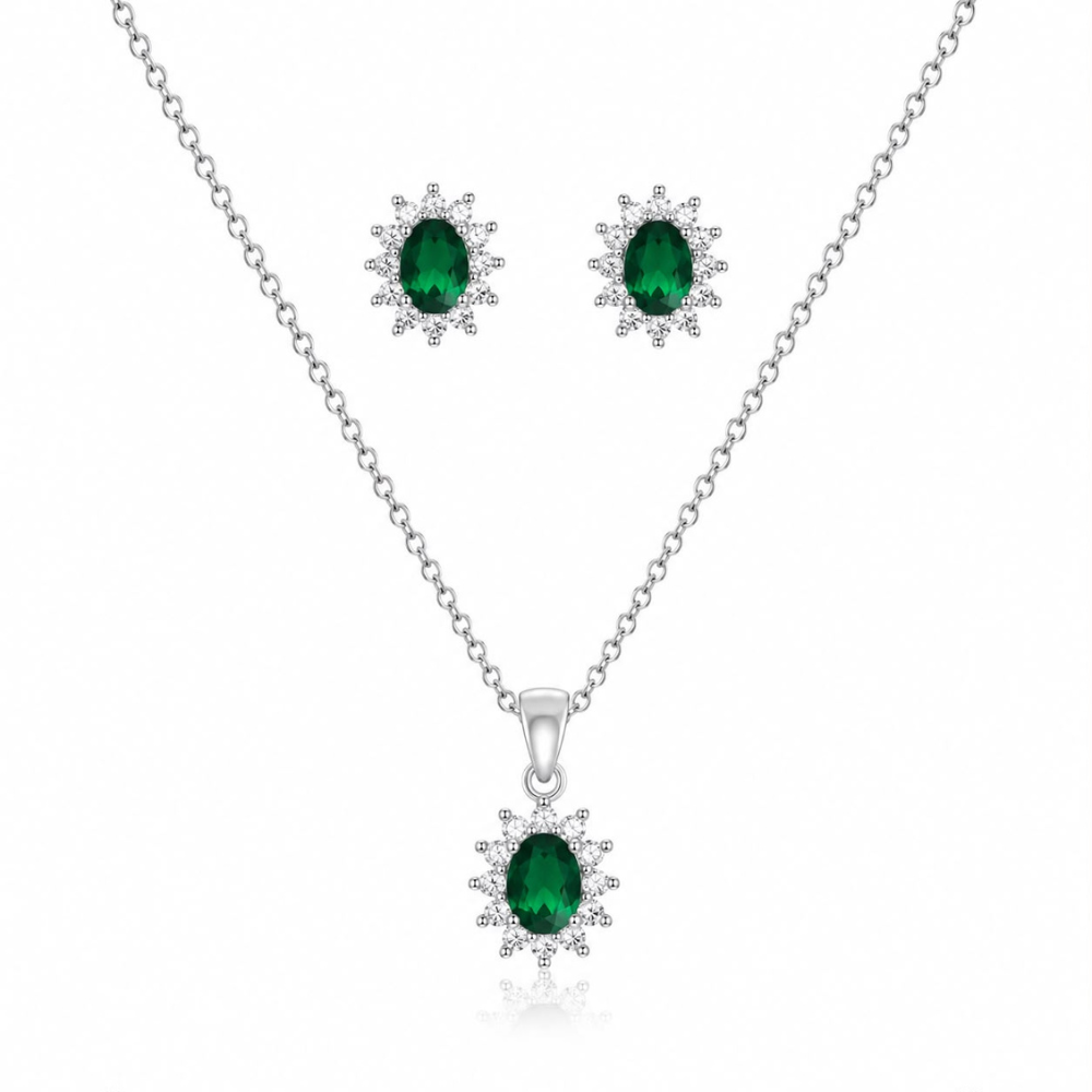 CONJUNTO BRINCO + FIO EM PRATA 925 LADY DI COM ZIRCONIAS COR ESMERALDA