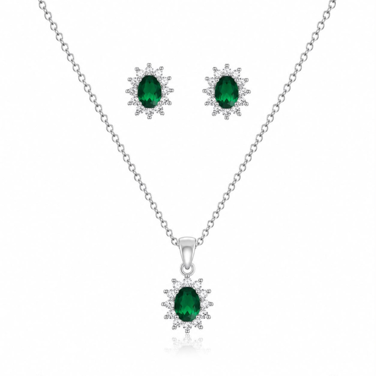 CONJUNTO BRINCO + FIO EM PRATA 925 LADY DI COM ZIRCONIAS COR ESMERALDA