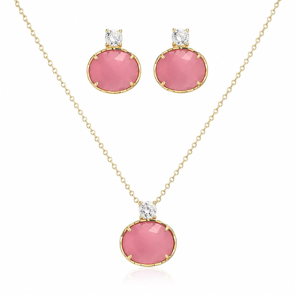 CONJUNTO BRINCO + FIO EM PRATA 925 COM ZIRCÓNIAS ROSA
