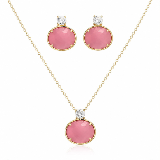 CONJUNTO BRINCO + FIO EM PRATA 925 COM ZIRCÓNIAS ROSA