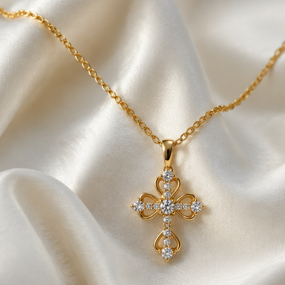 COLAR EM PRATA 925 COM CRUZ E ZIRCONIAS DOURADO