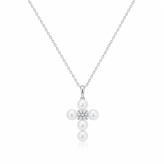 COLAR EM PRATA 925 COM CRUZ ZIRCONIAS E PEROLAS