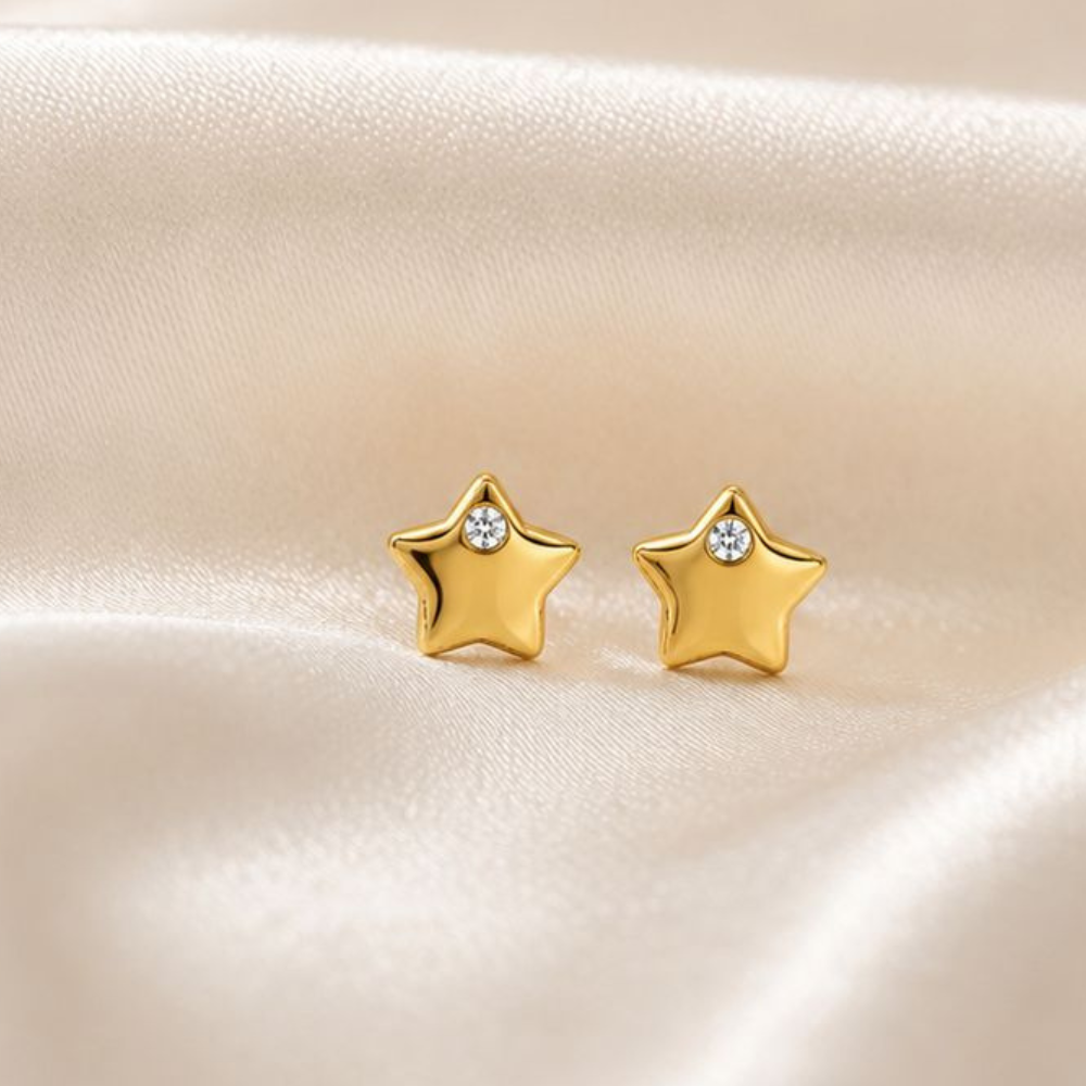 BRINCOS EM PRATA 925 DOURADO COM ESTRELA E ZIRCONIA
