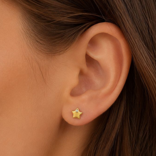 BRINCOS EM PRATA 925 DOURADO COM ESTRELA E ZIRCONIA