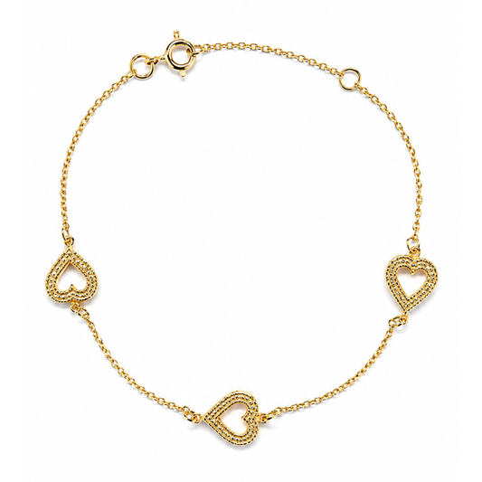 PULSEIRA EM OURO 9K MALHA CADEADO C/ CORAÇÕES ABERTOS E ZIRCONIAS