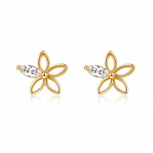 BRINCOS EM PRATA 925 DOURADA FLOR COM ZIRCONIA