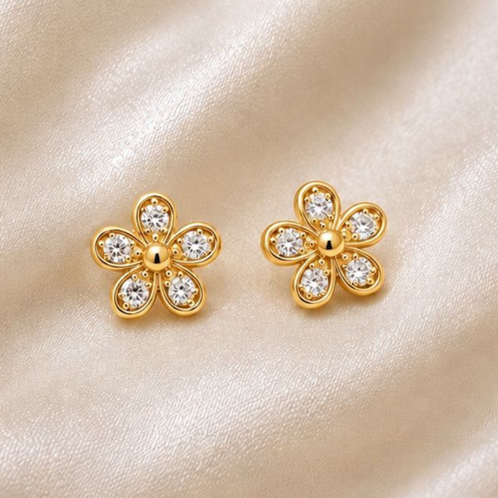 BRINCOS EM PRATA 925 DOURADA FLOR COM ZIRCONIAS