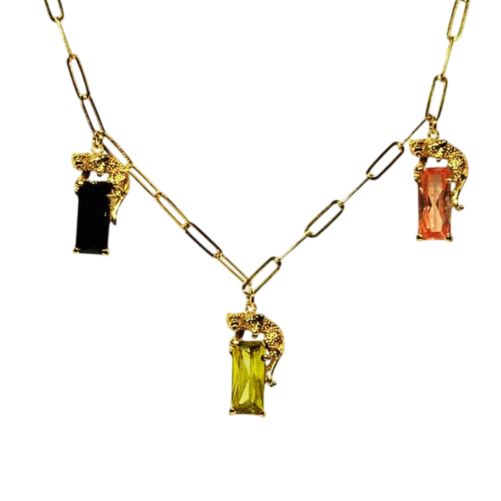 COLAR 3 LEOPARDOS C/ ZIRCONIAS PLAQUEADO A OURO