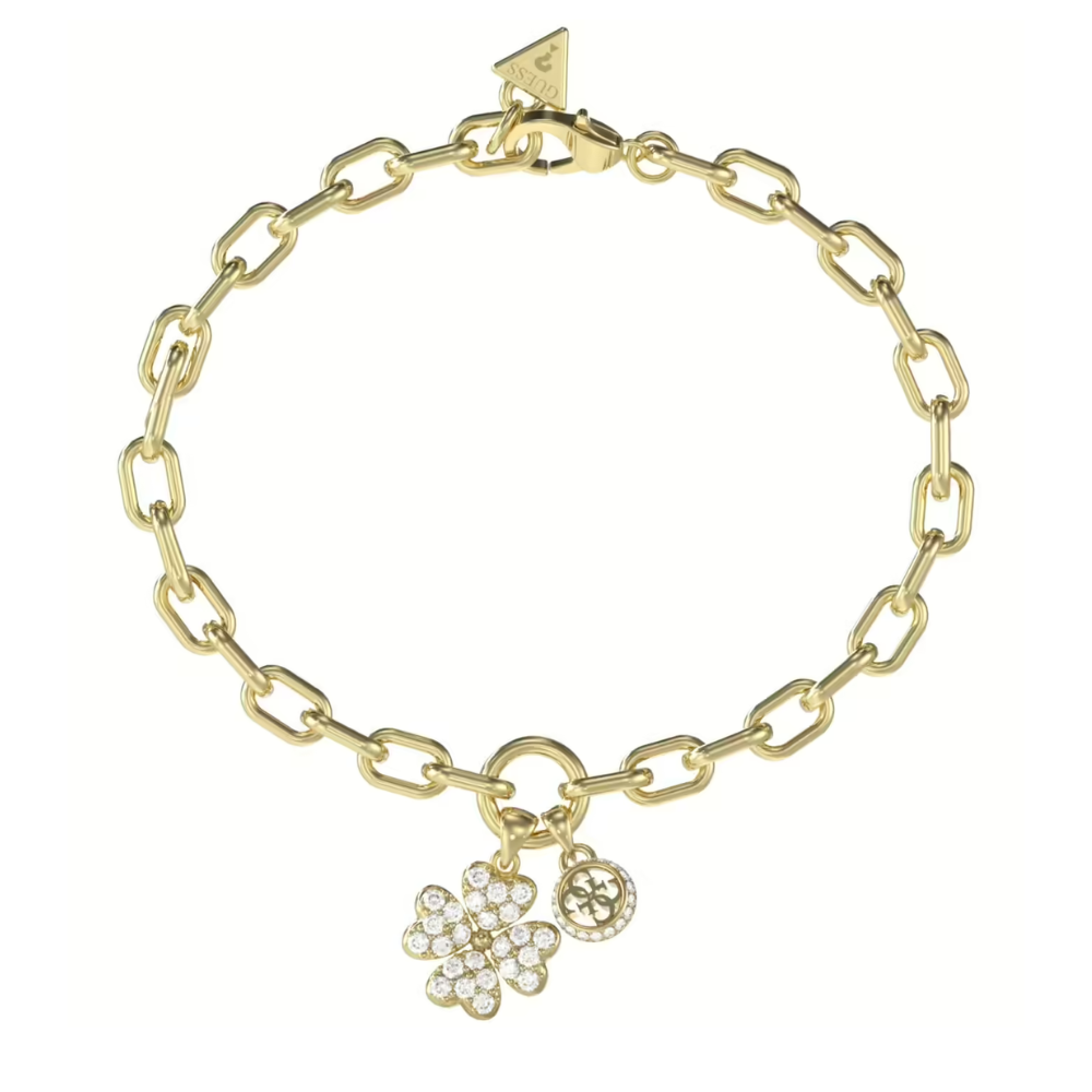 PULSEIRA GUESS EM AÇO DOURADO TREVO COM ZIRCÓNIAS