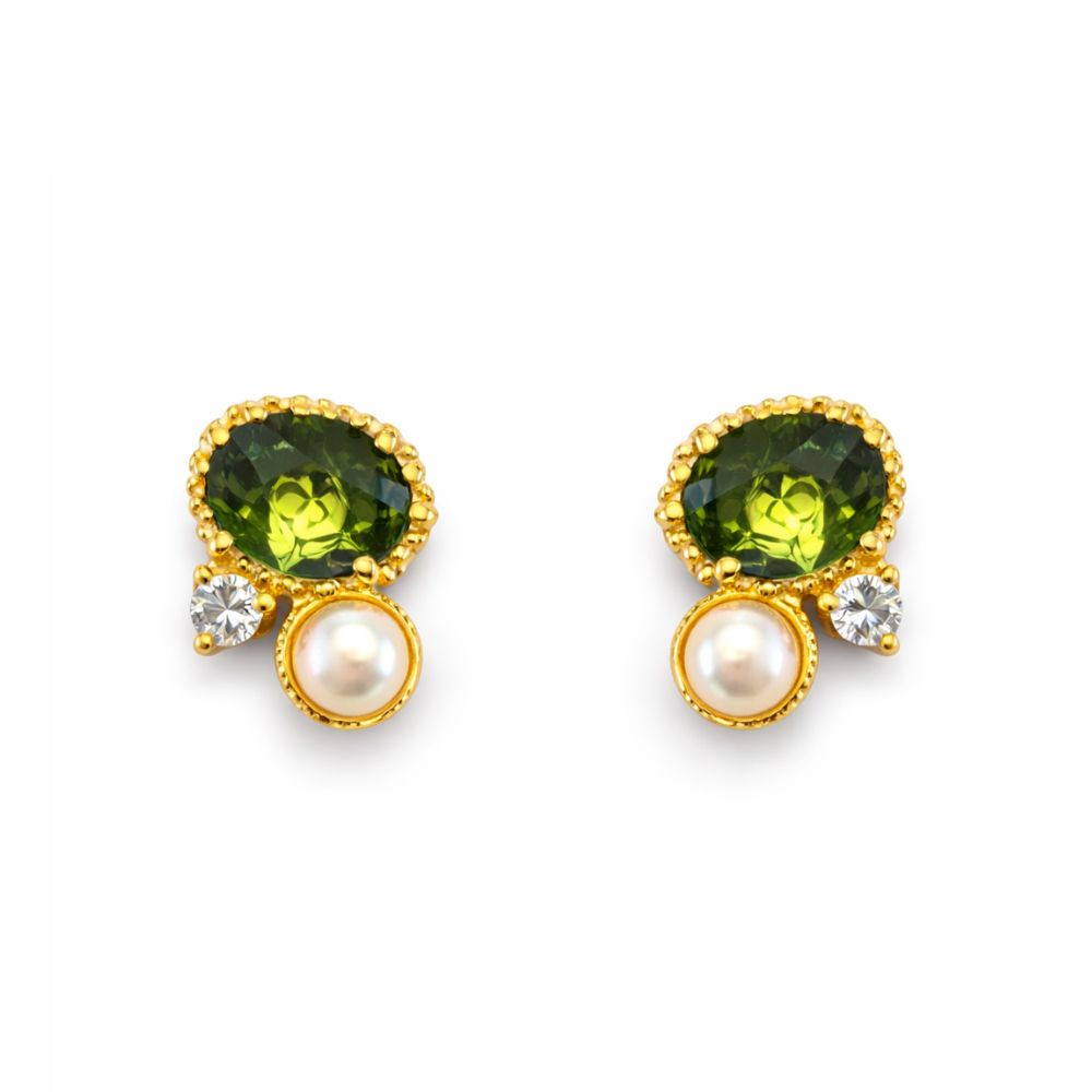 BRINCOS COM QUARTZ E PÉROLA EM PRATA PLAQUEADO A OURO