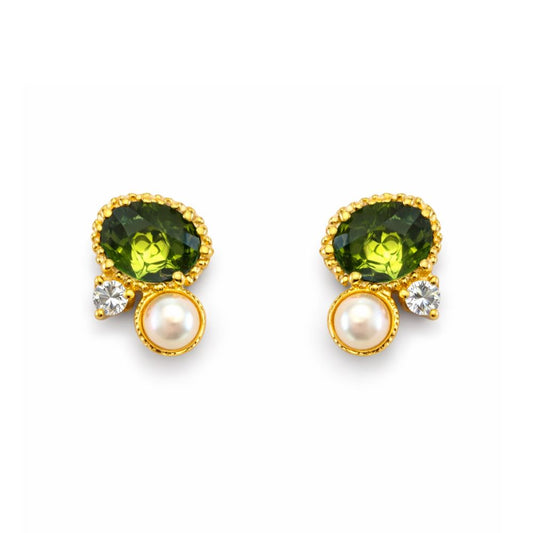 BRINCOS COM QUARTZ E PÉROLA EM PRATA PLAQUEADO A OURO