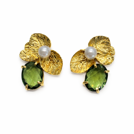 BRINCO EM PRATA 925 COM PEROLA E PEDRA VERDE