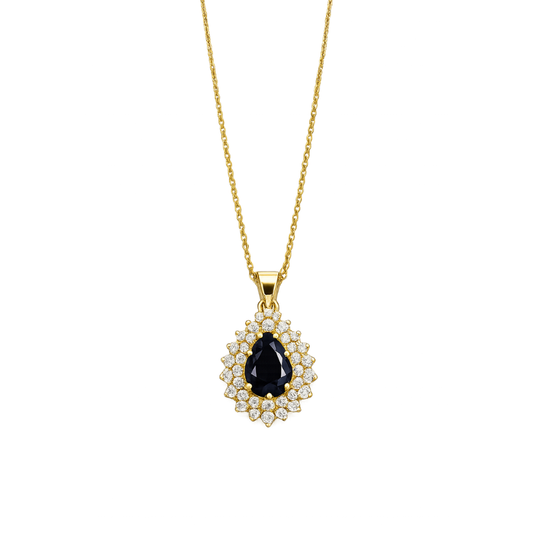 COLAR EM OURO 19,2K C/ DIAMANTE 0,58 KILATES E 1 SAFIRA ( LAGRIMA ) 9,0 X 7,5