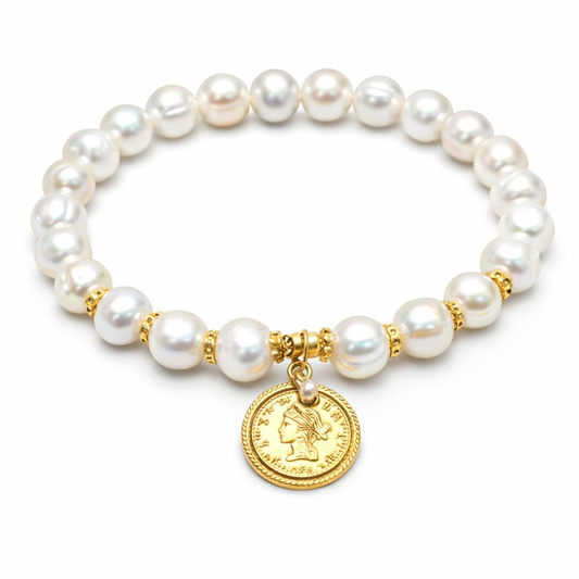 PULSEIRA EM PRATA 925 EM PEROLAS DE ÁGUA DOCE COM MEDALHA